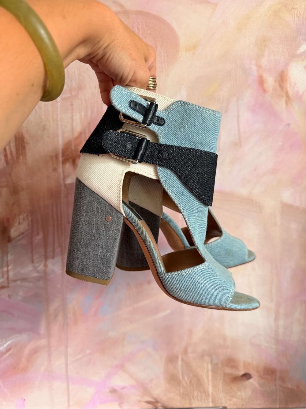 Denim Colorblock Block Heel Sandals - Women